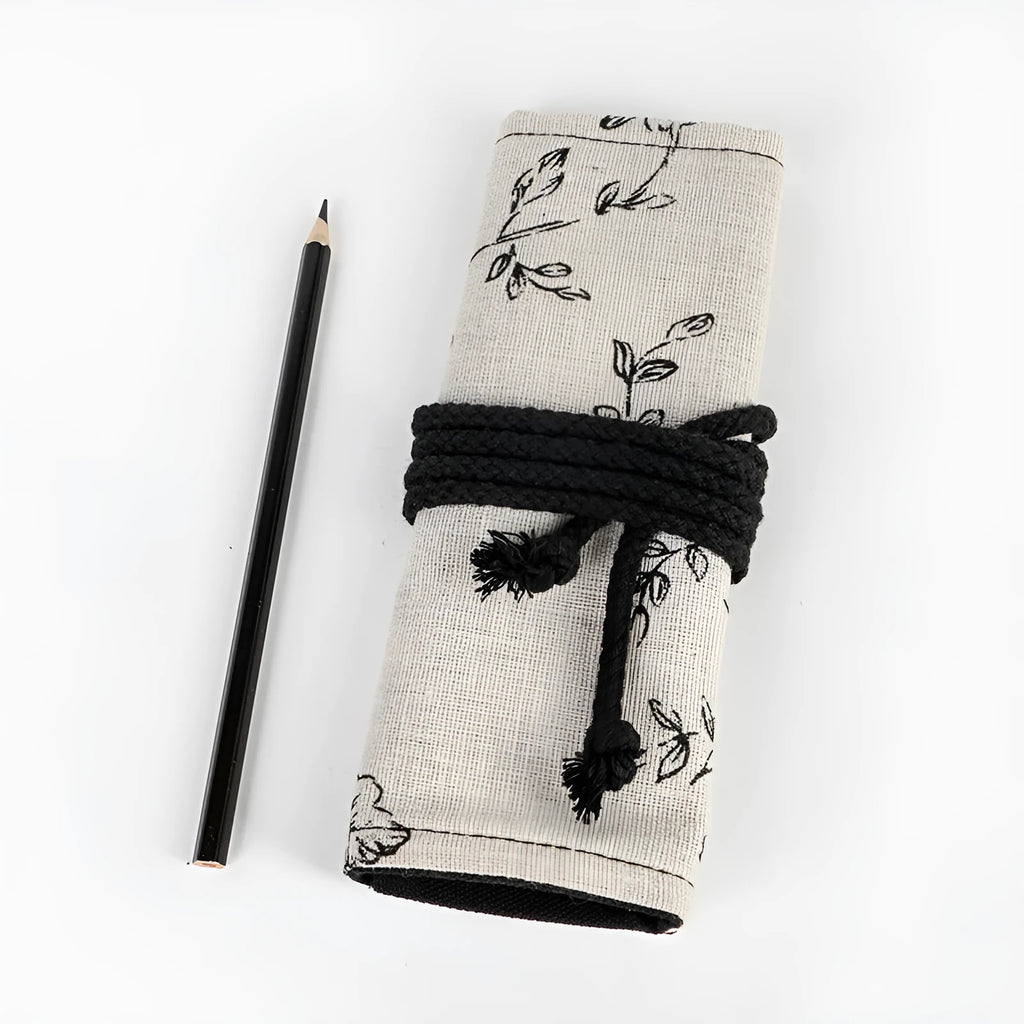 Black peony floral print pencil roll bag in cotton hemp canvas with 24 or 72 hole capacity options
