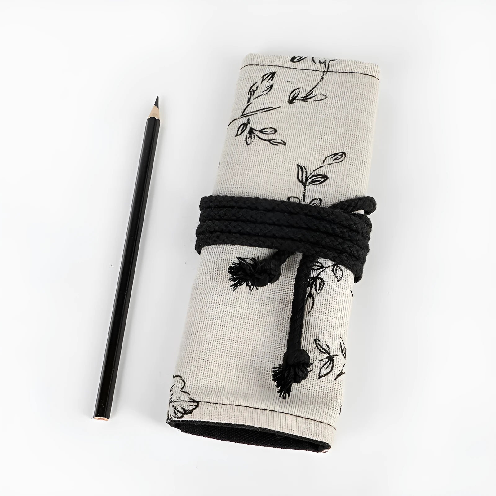 Black peony floral print pencil roll bag in cotton hemp canvas with 24 or 72 hole capacity options