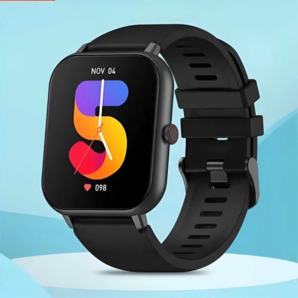 Bluetooth smart watch with heart rate monitor on wrist in black, silver grey, and pink colour options.