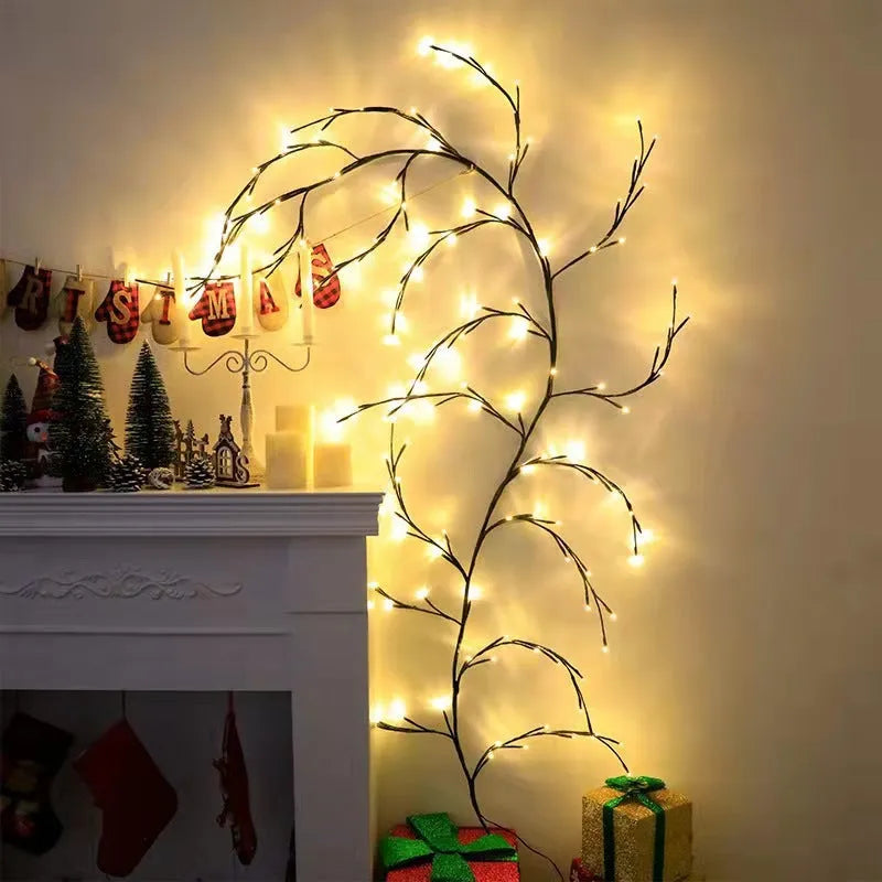 Flexible LED willow vine light garland with birch bark texture bent into a decorative shape.