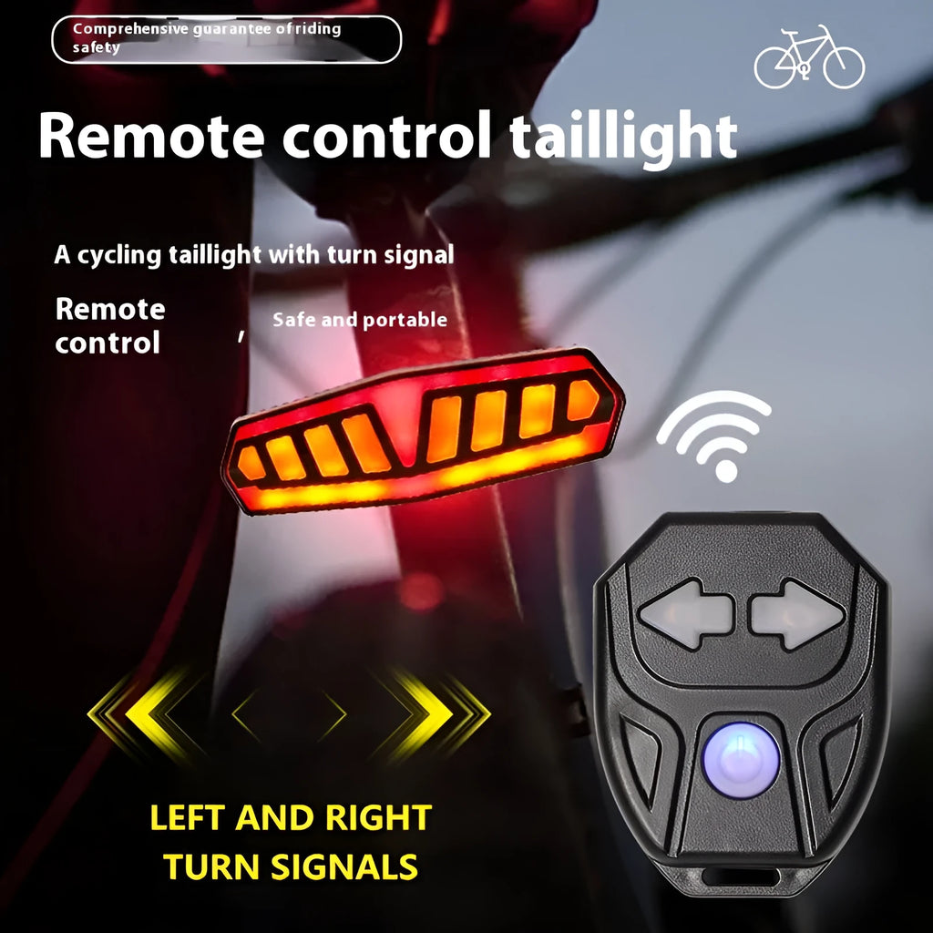 Remote control bicycle taillight with wireless remote, showing compact black ABS housing with multiple LED functions