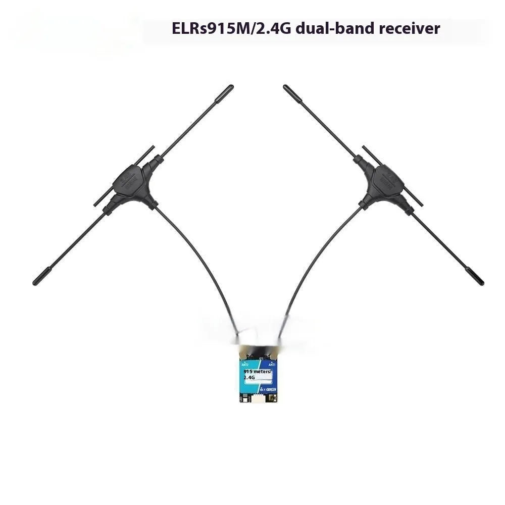 ELRS dual-frequency FPV drone receiver with metal case, two T-shaped antennas, heat shrink, and silicone wire.