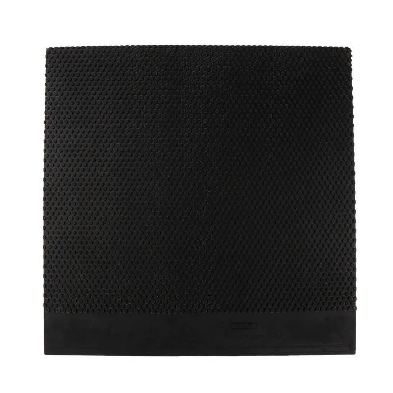Single sheet of black and red raw rubber for table tennis rackets with a small pimple surface texture.