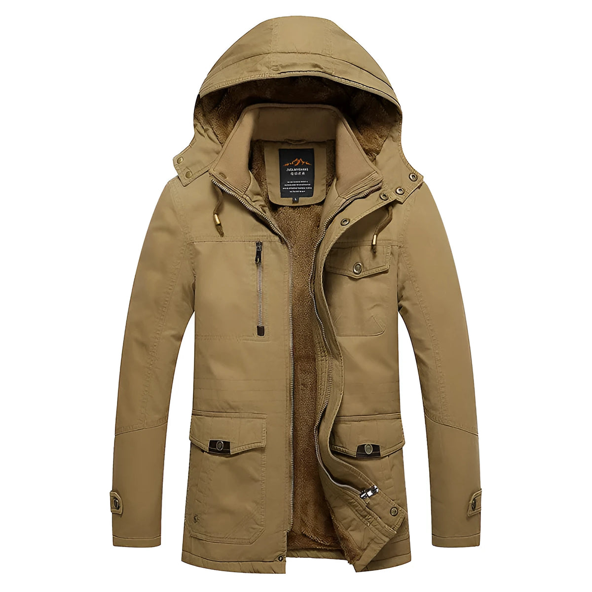 Men's fleece-lined cotton jacket in khaki, black or army green, long sleeve, sizes L to 5XL