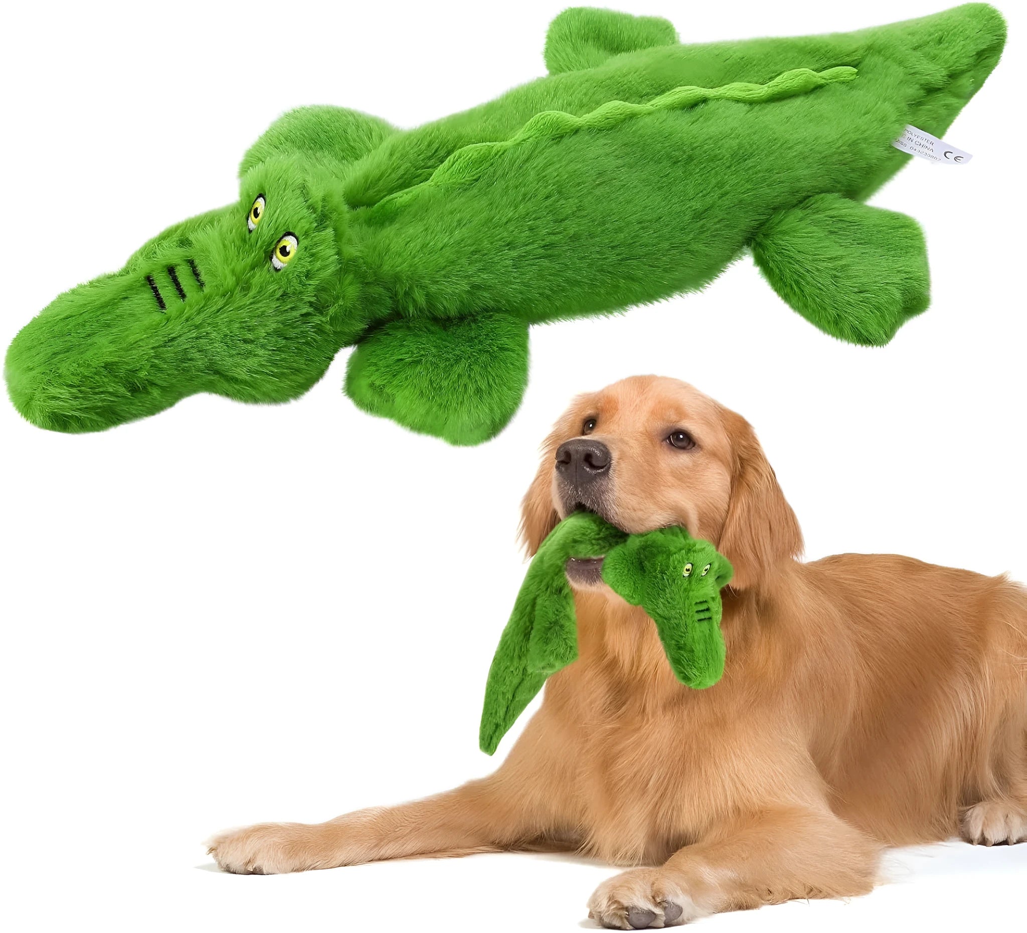 Green crocodile plush dog toy with squeaker and crinkle paper tail for aggressive chewers