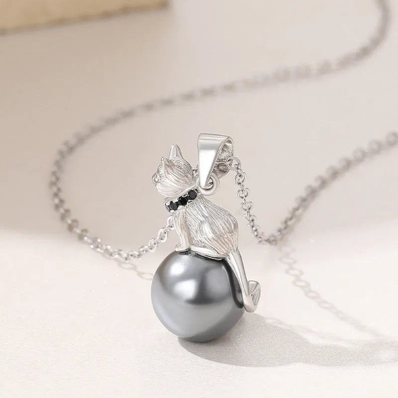 925 sterling silver cat pendant clavicle necklace with electroplated finish showing feline silhouette design