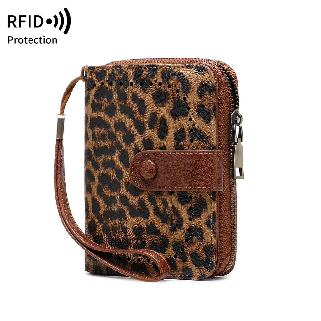 Leopard print small multifunctional zipper wallet with card slots and contrast stitching