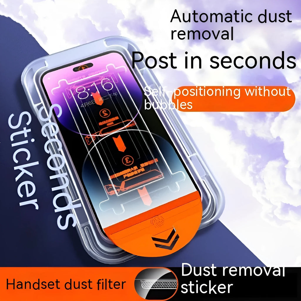 iPhone tempered glass screen protector with dust-free installation kit showing HD and privacy options