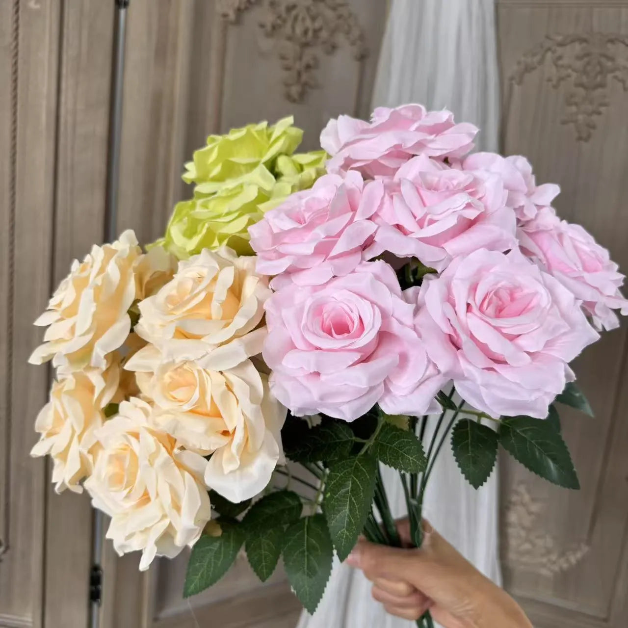 9-head artificial silk flower row in 14 colours for wedding decoration and photography props
