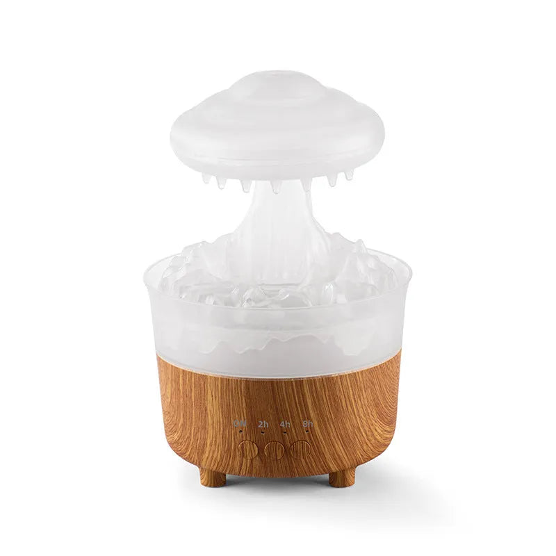 Wood grain rain cloud shaped ultrasonic humidifier and essential oil diffuser with coloured LED lights.