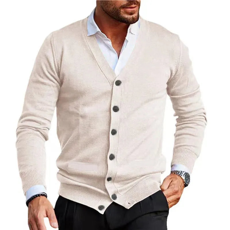 Men's slim fit acrylic cardigan sweater in creamy white colour, long sleeve for autumn winter.