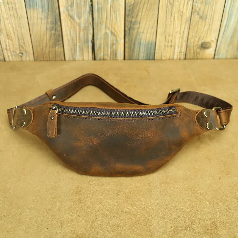 Men's retro Crazy Horse leather crossbody chest bag in first layer cowhide with sewing thread detailing, solid colour design