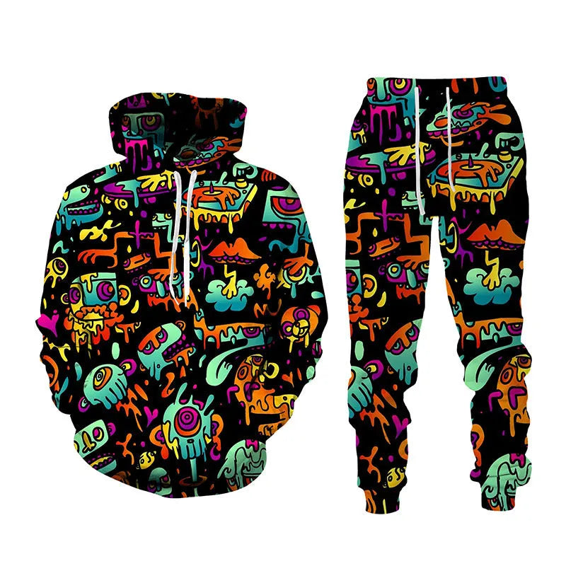 3D printed sports hoodie and long pants set for men, loose fit, black colour