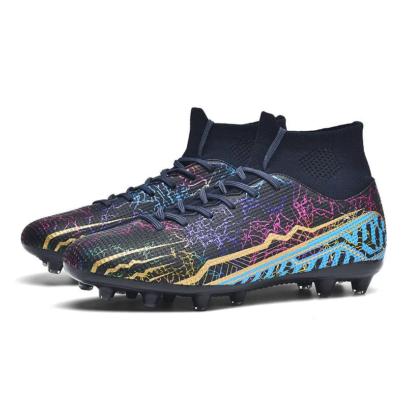 High-top youth spike turf soccer shoes with PVC upper and rubber sole on artificial grass