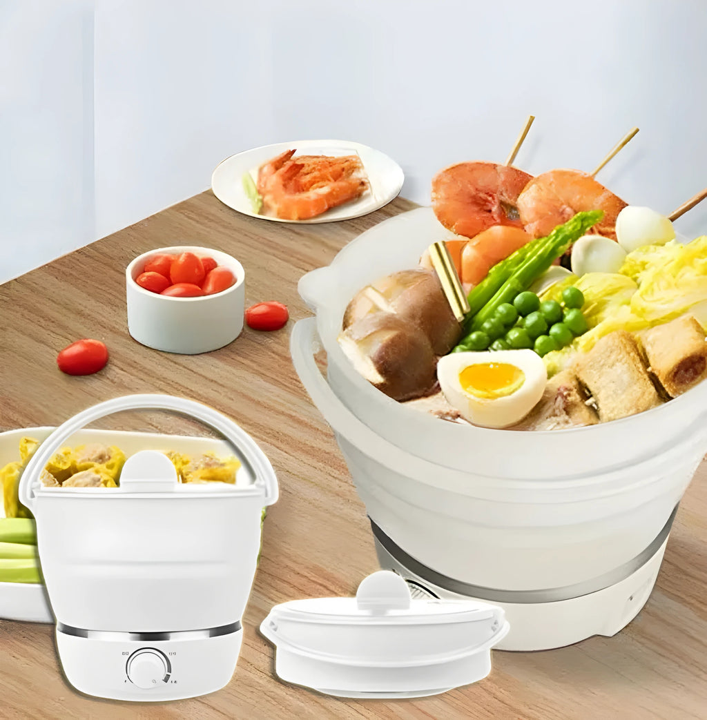 White folding electric cooker with silicone liner, food-grade, for camping and travel