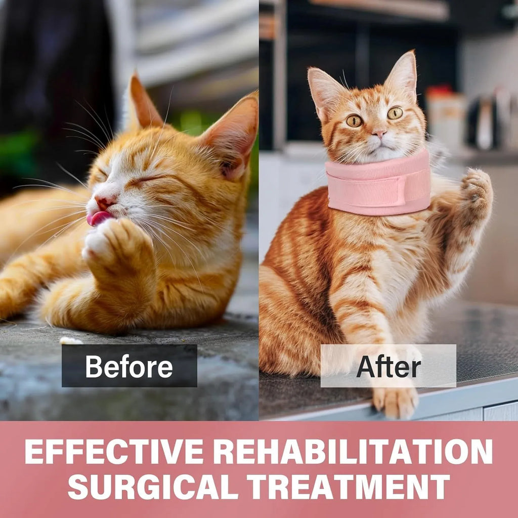 Grey and pink soft fabric recovery cone collars for cats and dogs in four different sizes.