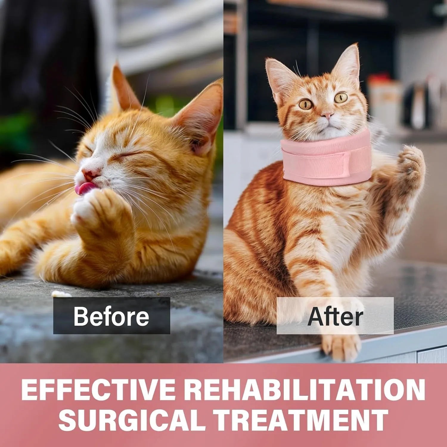 Grey and pink soft fabric recovery cone collars for cats and dogs in four different sizes.