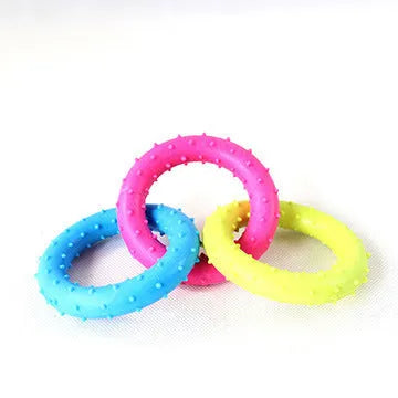 Blue TPR rubber dog toy shaped like a three-link chain for chewing and dental care