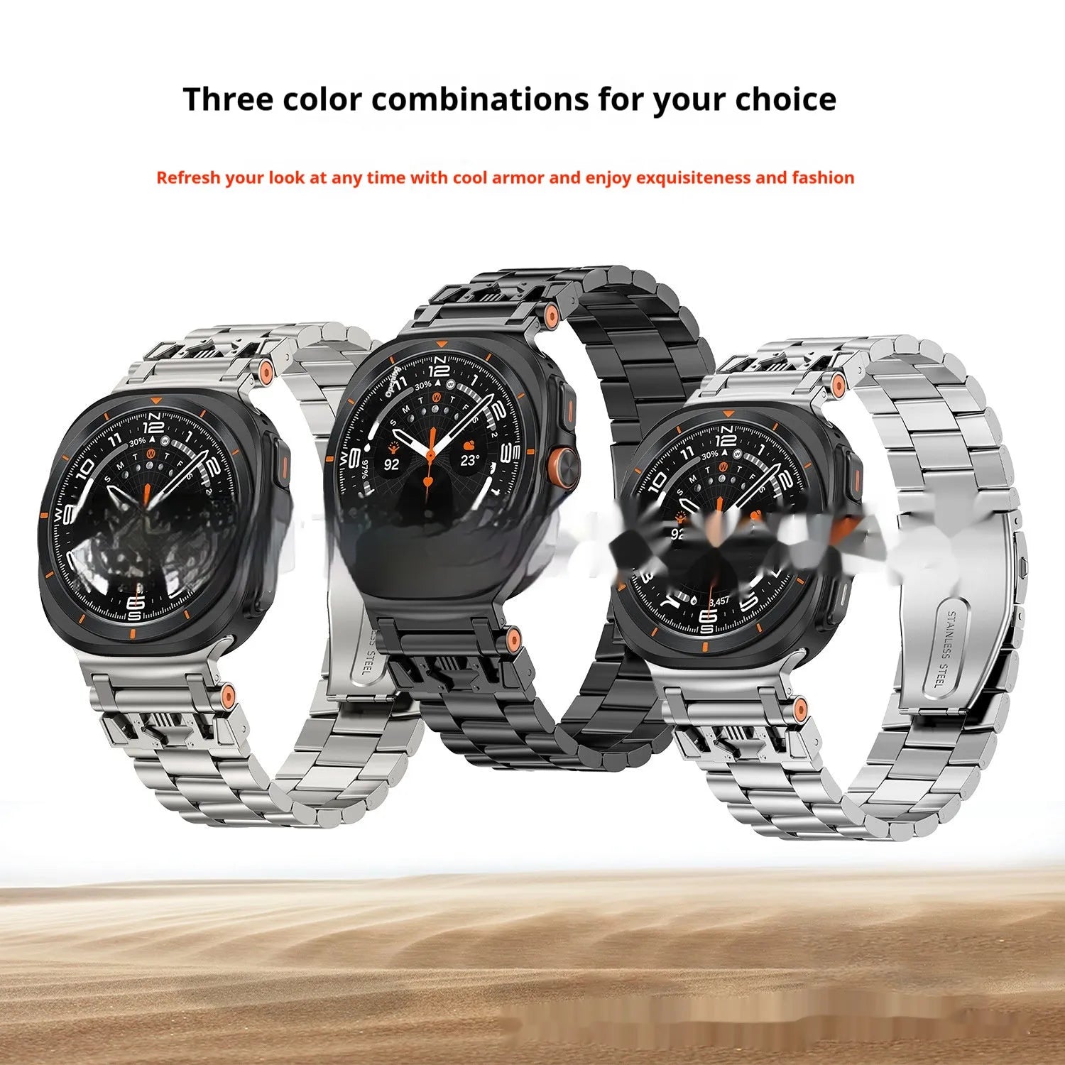 Three steel band armor metal watch strap for Samsung in black finish