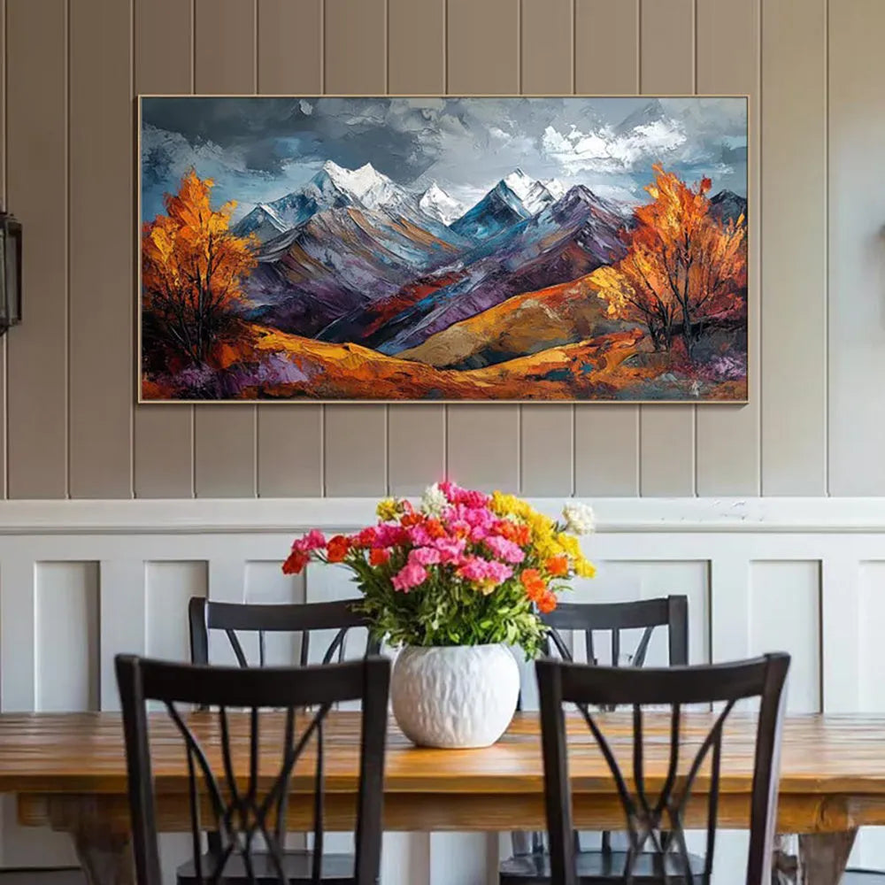 Handmade oil painting on canvas of a snow mountain and autumn scenery, frameless and rolled for home wall decor