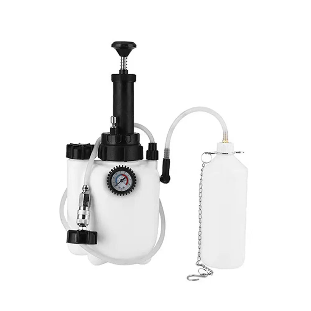 White plastic 3-litre brake oil tank with copper and iron fittings for automotive brake bleeding.