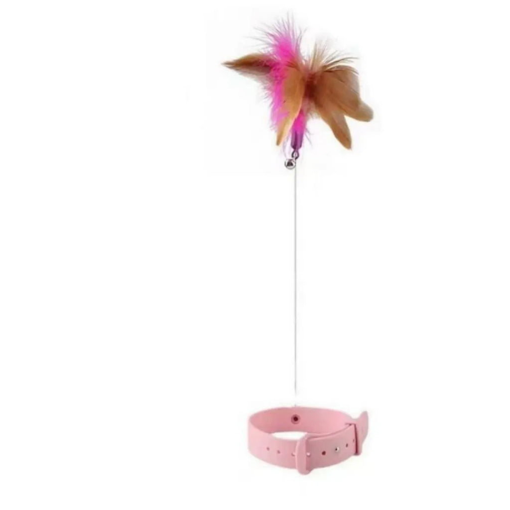 Blue adjustable cat wand toy with silicone feather collar and bell