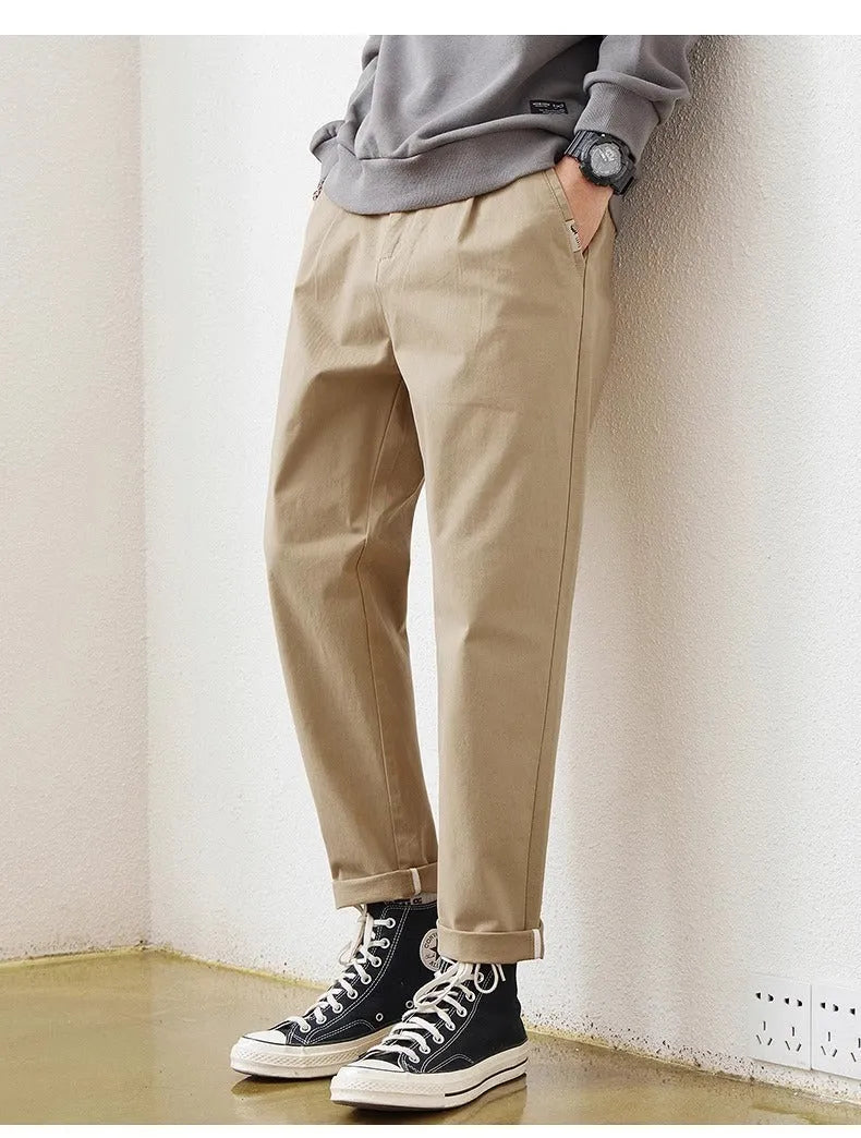 Men's loose wide-leg casual pants in dark gray, made from cotton blend with zipper fly, sizes 28-38.