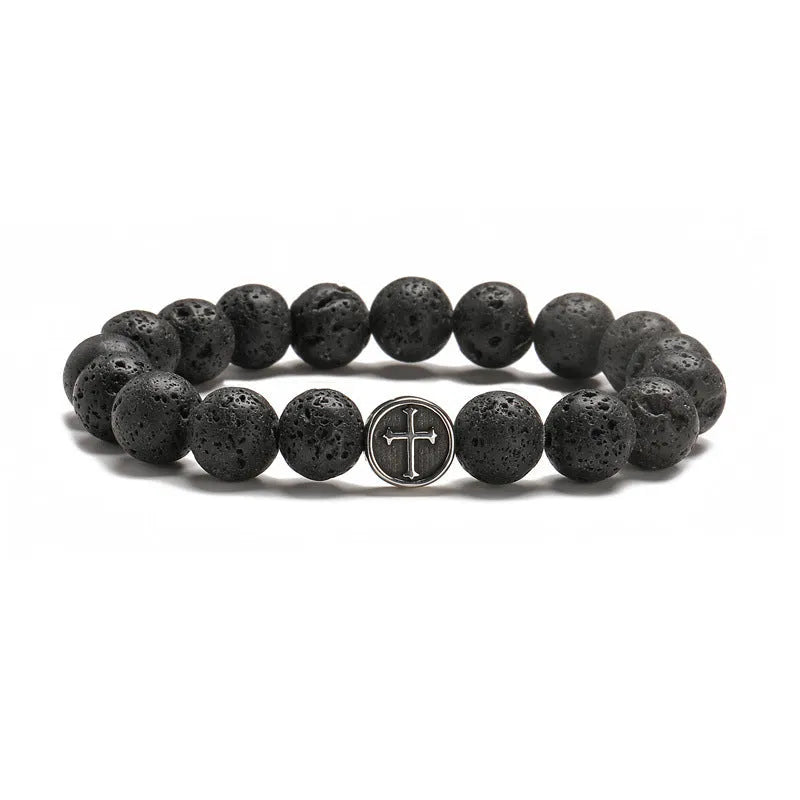 Men's stainless steel bracelet with circular geometry shape and dark volcanic agate stone centre