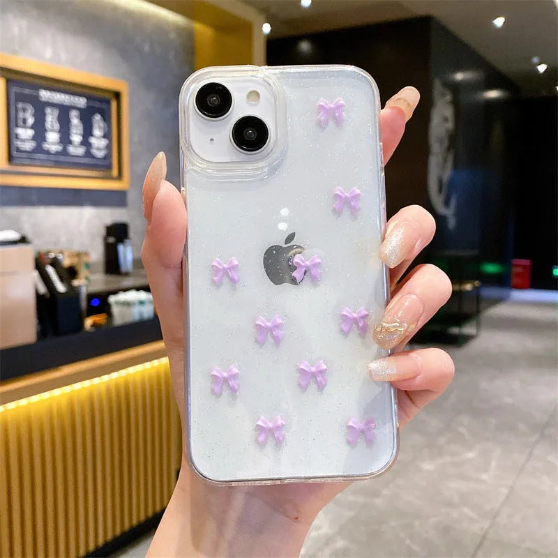 Epoxy glitter bow silicone phone case for iPhone 16 Pro Max in white