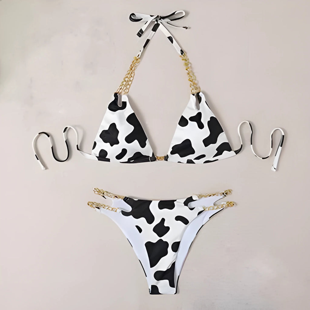 Women's two-piece bikini set with steel support, no chest pad, polyester, black floral or Jiahua, S-XL