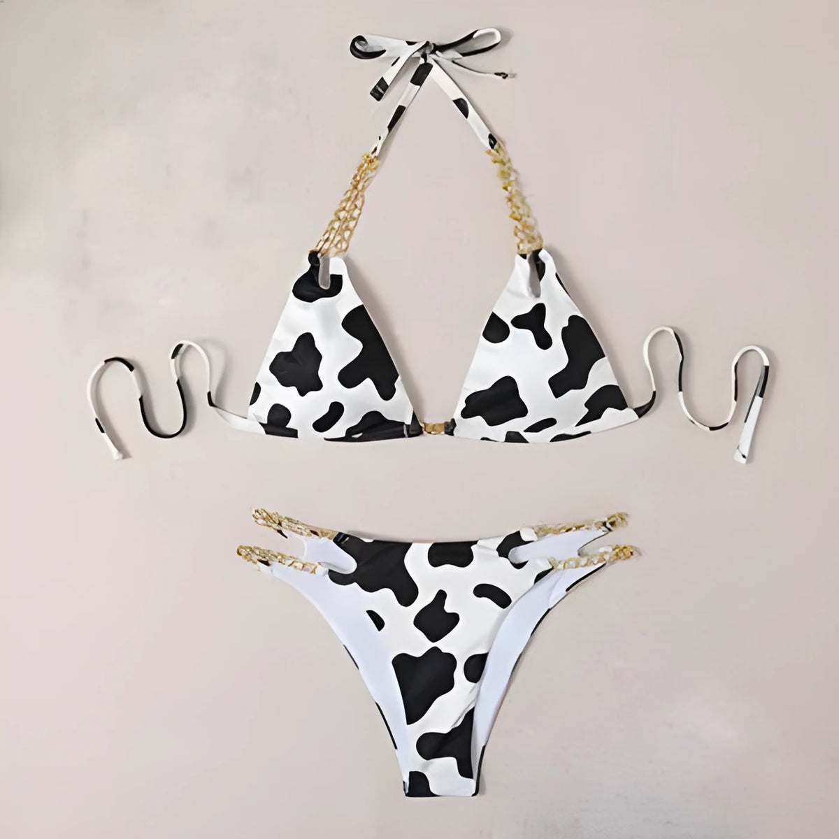 Women's two-piece bikini set with steel support, no chest pad, polyester, black floral or Jiahua, S-XL