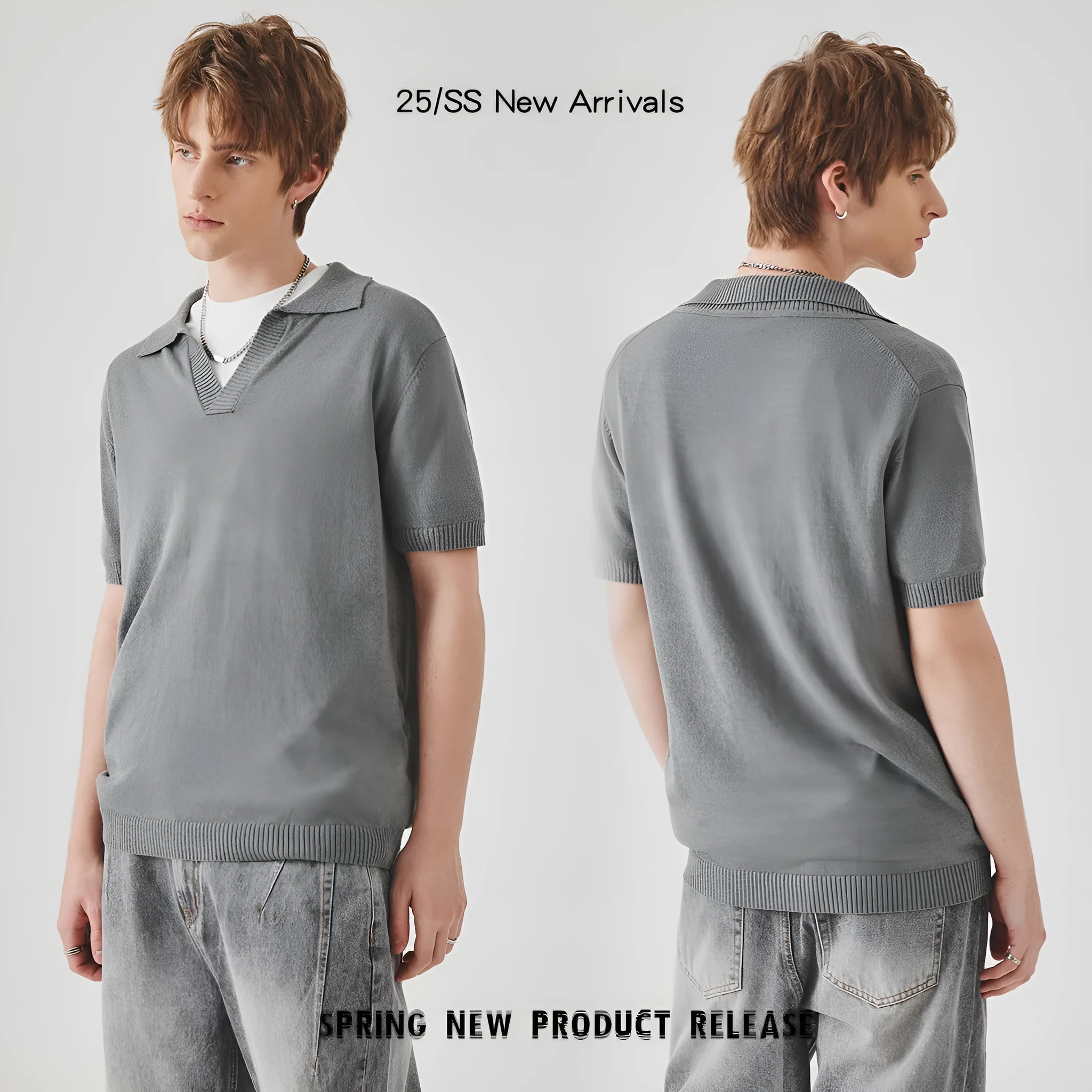 Men's solid colour knitted polo shirt with short sleeves and a collar on a hanger