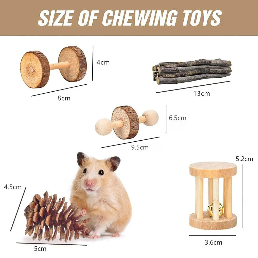 Assortment of natural wood and woven plant toys for small pets including straw mats and balls.