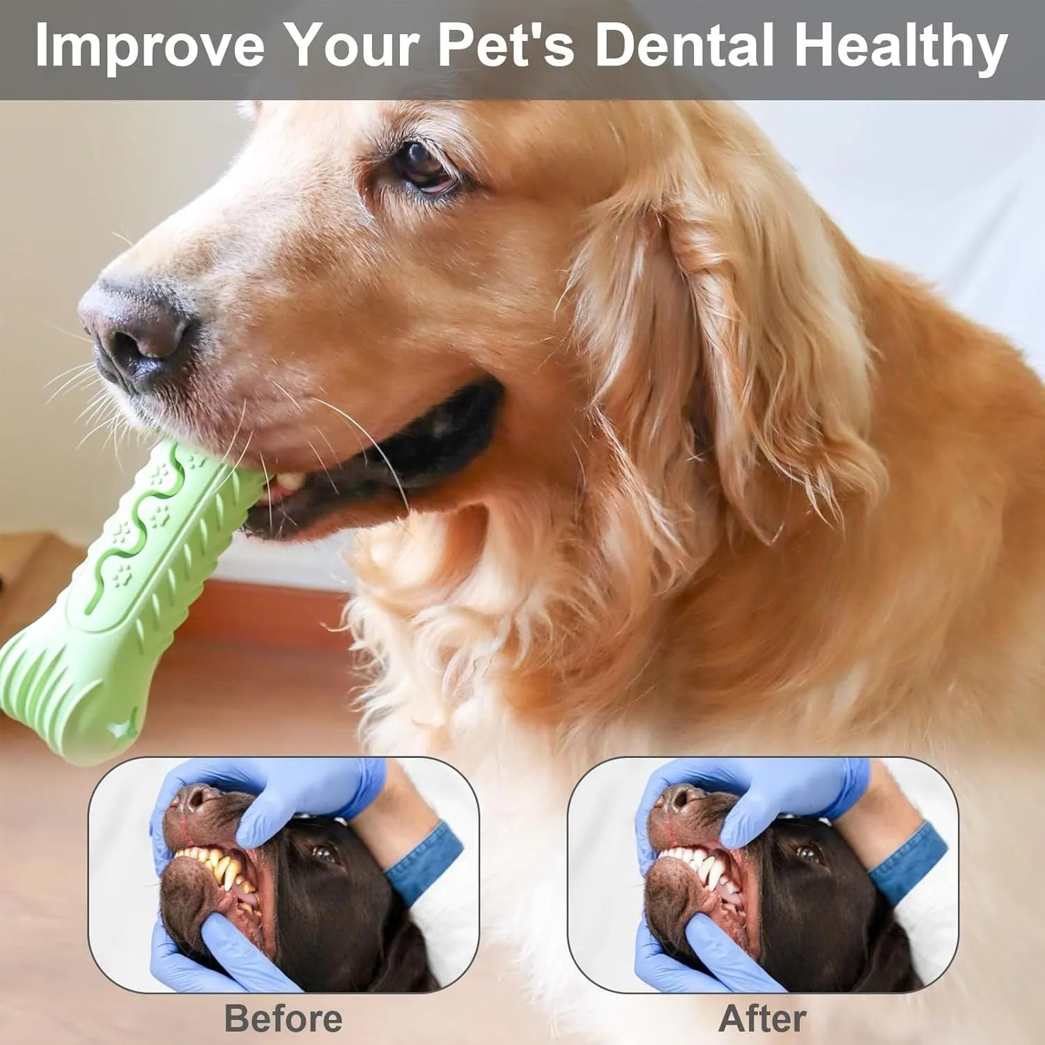 Blue natural rubber bone-shaped dog chew toy on a plain background