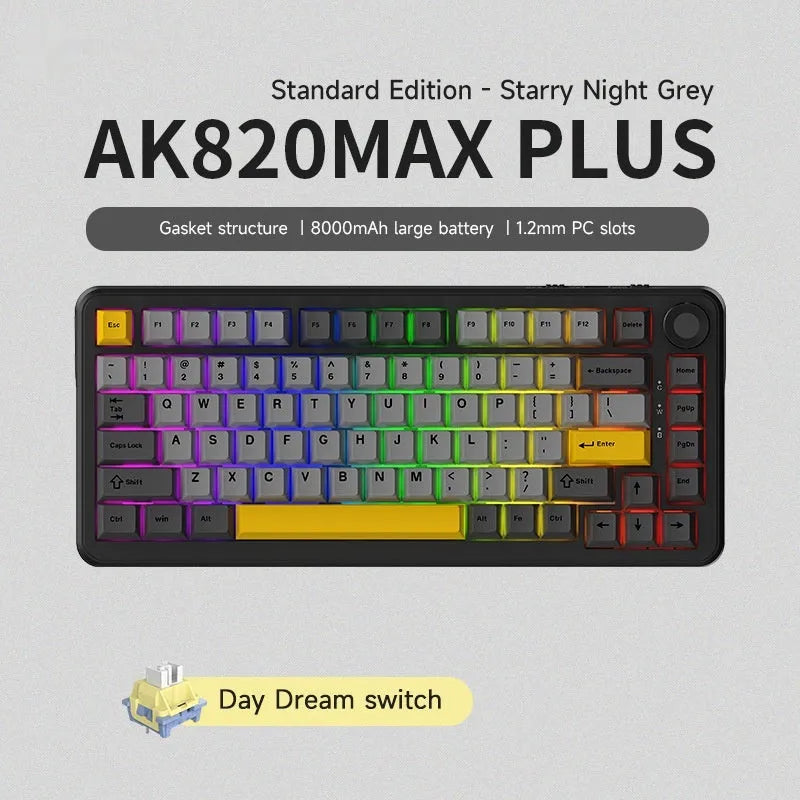 Three-mode wireless mechanical keyboard with PBT plastic construction in black, grey and yellow options