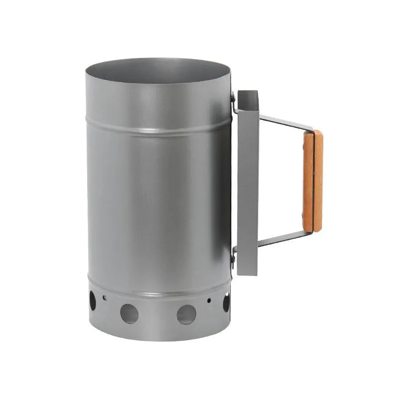 Zinc-iron alloy charcoal fire starter with point carbon barrel nozzle on a patio table