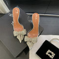 Silver pointed toe high heel sandals with bow and rhinestone detailing, microfiber upper, 6-8cm heel, slip-on
