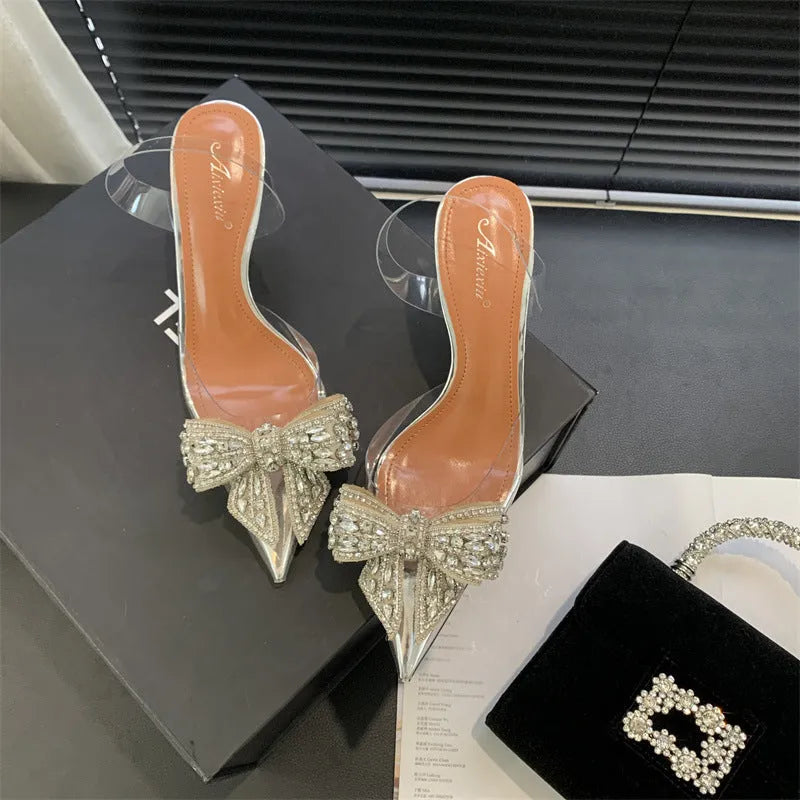 Silver pointed toe high heel sandals with bow and rhinestone detailing, microfiber upper, 6-8cm heel, slip-on