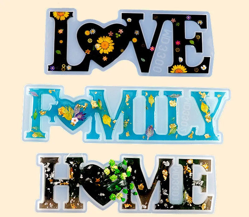 Silicone epoxy mould showing English alphabet letters and love, home, family word designs for resin jewellery making