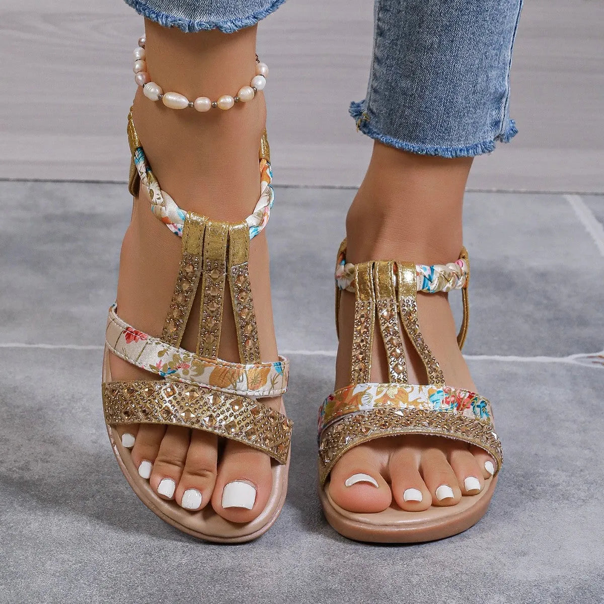 Womens bohemian wedge peep toe sandals in gold with elastic slip-on and PU sole