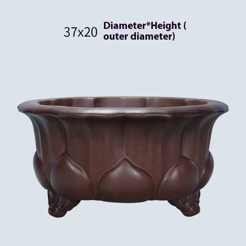 Square antique purple-red clay succulent bonsai pot on a table, measuring 37cm wide.