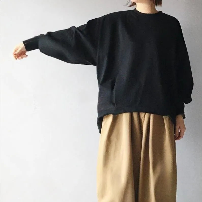 Women's lantern sleeve loose round neck sweater and wide leg cropped pants two-piece set in picture colour