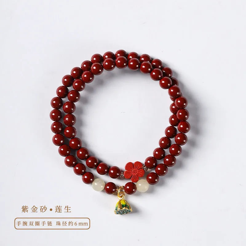 Purple gold sand bracelet with lotus seedpod beads in double circle hand-woven design