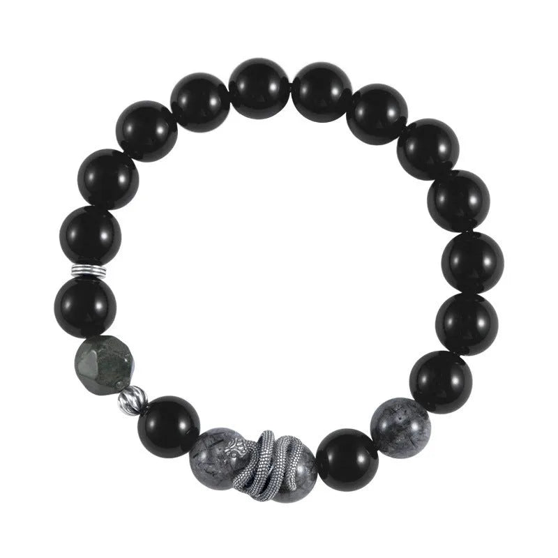 Men's S925 sterling silver bracelet with obsidian stone and retro snake design