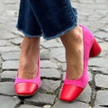 Women's PU square-toe pumps in solid colour with 6-8cm stout heel for daily wear