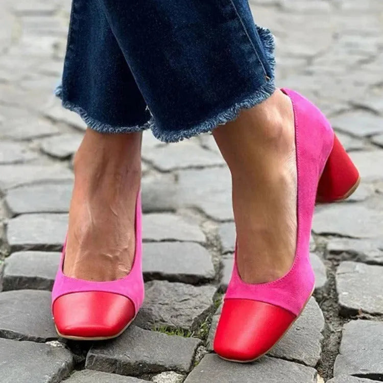 Women's PU square-toe pumps in solid colour with 6-8cm stout heel for daily wear