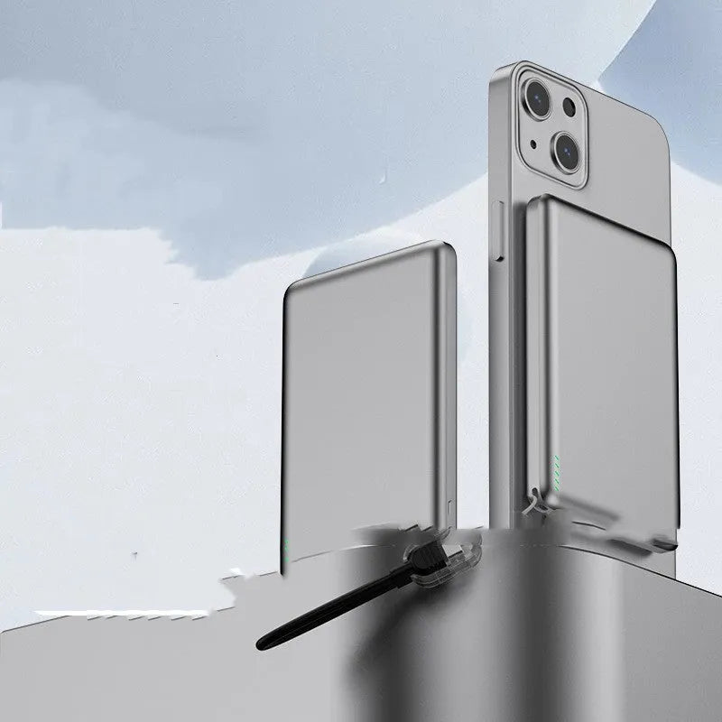Ultra-thin 8mm magnetic wireless power bank with alloy shell in tarnish colour, 5000mAh or 10000mAh