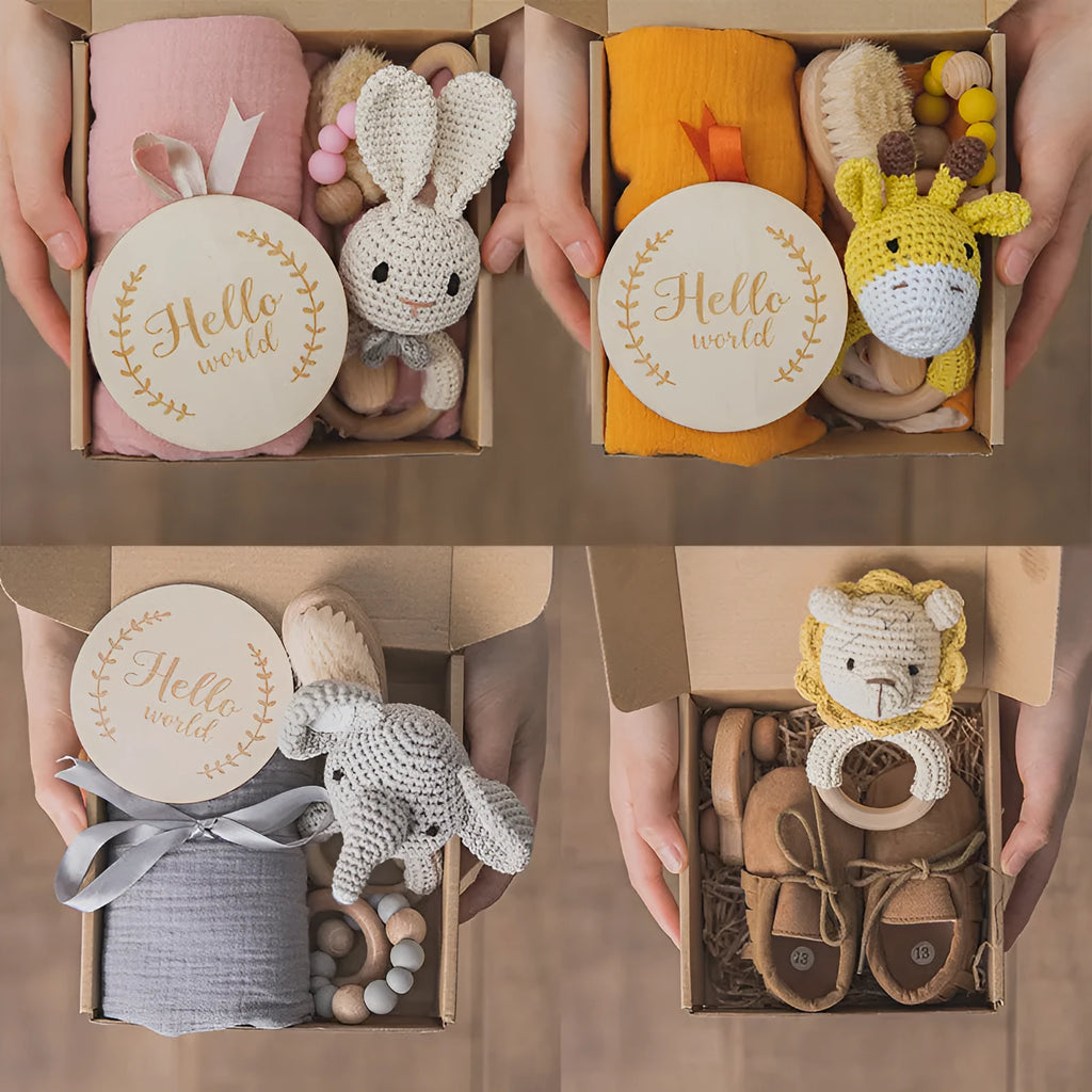 Wooden baby teether gift box with elephant, rabbit, and giraffe designs in multiple colour options
