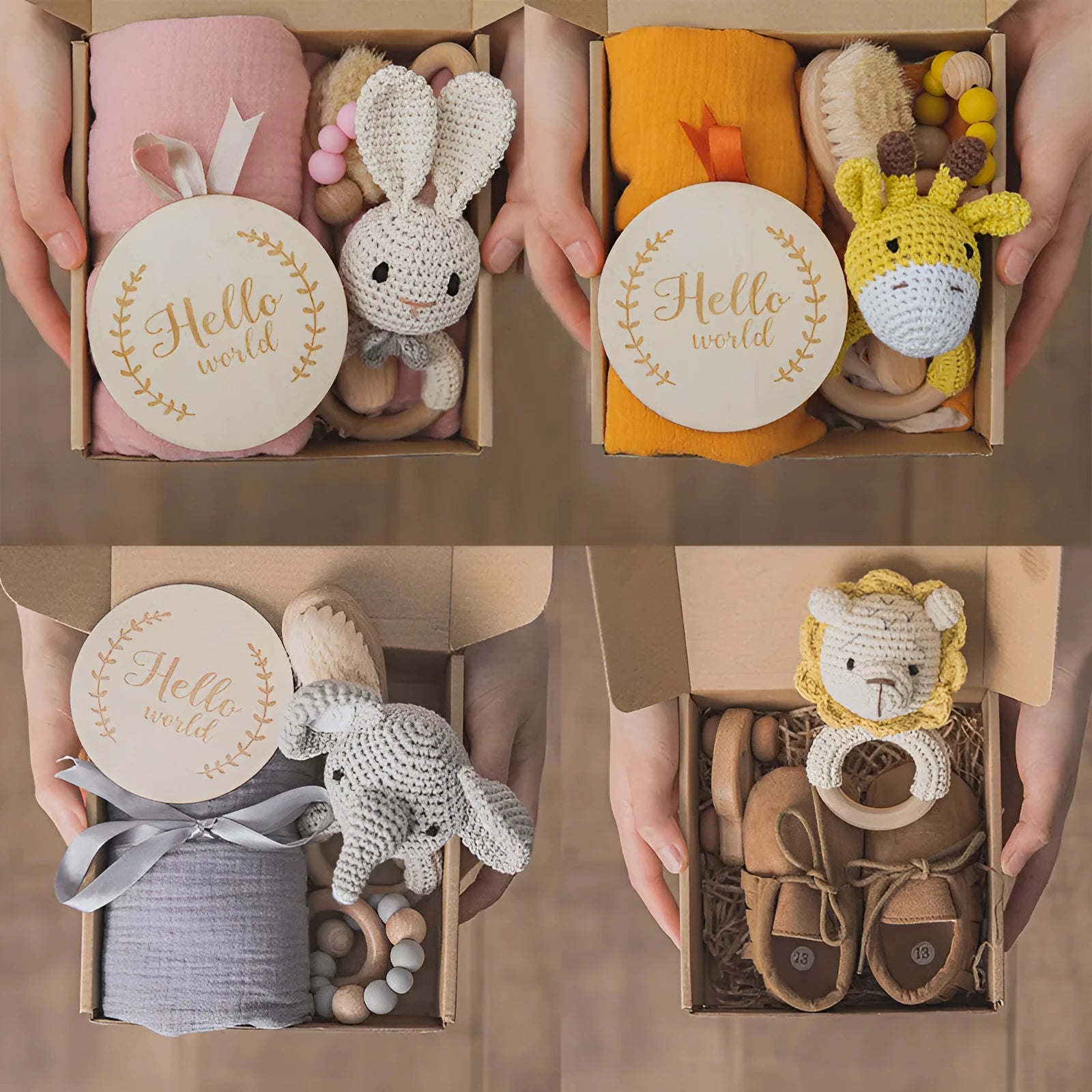 Wooden baby teether gift box with elephant, rabbit, and giraffe designs in multiple colour options