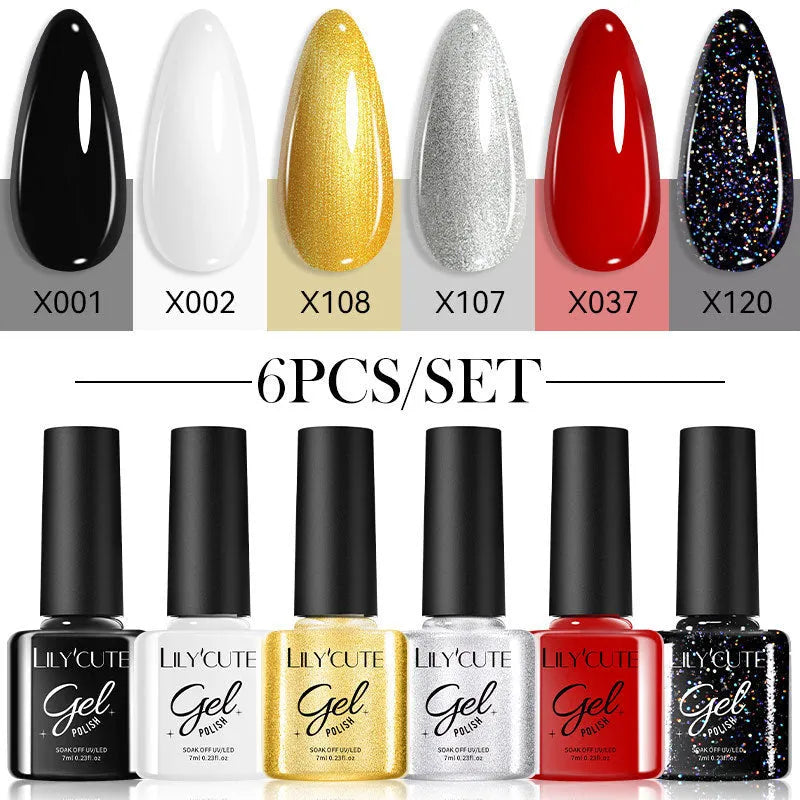 Set of twenty bottles of glitter and solid colour UV gel nail polish in a case.